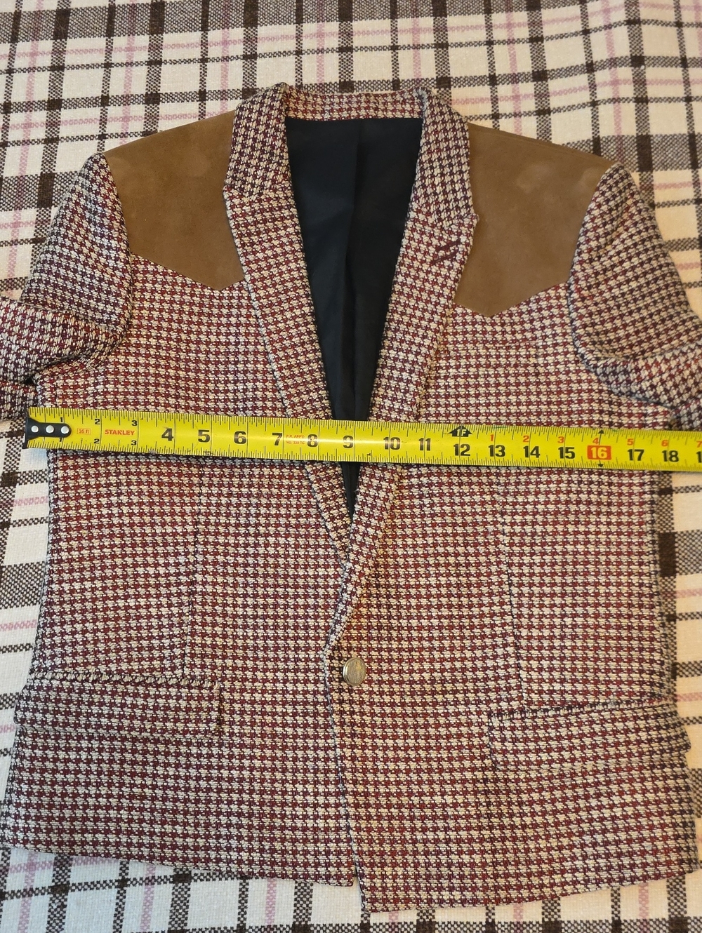 The Kooples Burgundy Houndstooth Blazer with Brown Suede Shoulders